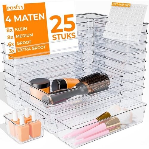 Tweedekans Posity Lade Organizer - 25 Stuks - Organizer Bakjes - Lade Bakjes - Opbergbakjes - Make-up Organizer - Voor Keuken, Badkamer & Bureau - Kunststof - Transparant Tweedehands