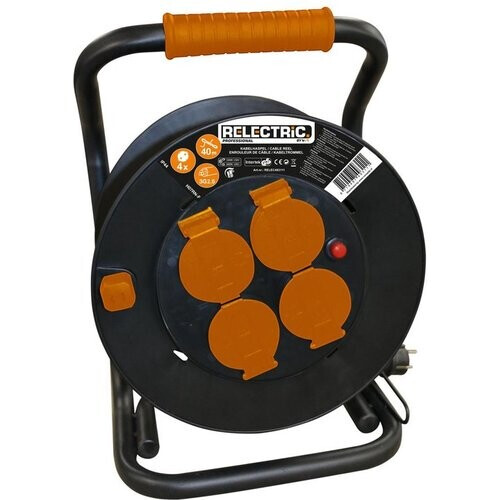 Tweedekans Relectric Pro Kabelhaspel – 40m – 4 stopcontacten – Met oprolknop - Randaarde - IP44 - RELEC493111 Tweedehands