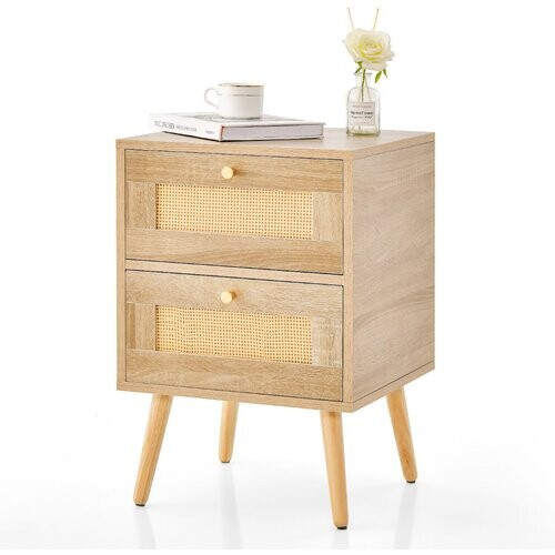 Tweedekans Rotan Nachtkastje met 2 Laden – Mid-Century Modern – Massief Houten Poten – 40 x 35 x 50 cm Tweedehands