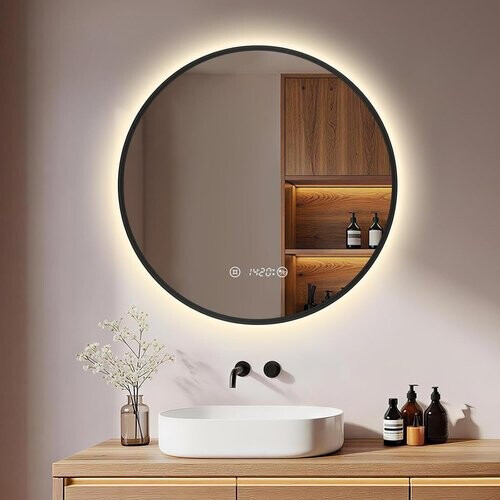 Tweedekans S'afielina Ronde Badkamerspiegel met LED Verlichting Zwart Ø60 x 3 cm - Dimbaar - Anti Condens - Klok & Temperatuurweergave Tweedehands