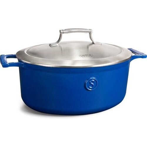 Tweedekans Saveur Voyage Braadpan Ø30 cm – Ovaal Gietijzer – PFAS-vrij – Geschikt voor Inductie & Oven – Klassiek Blauw – Voor Grote Maaltijden, Stoven & Slowcooking Tweedehands