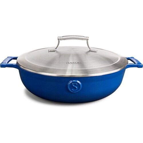 Tweedekans Saveur Voyage Hapjespan Ø30 cm – Gietijzer – PFAS-vrij – Geschikt voor Inductie & Oven – Met Deksel – Klassiek Blauw – Voor Stoven & Braden Tweedehands