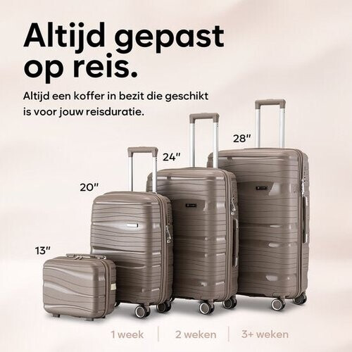 Tweedekans SC Travelin' Charm 4-delige Trolleyset – Handbagage & Check-in Koffers – 32L/60L/98L – Cijferslot – 360° Geruisloze Wielen – Lichtgewicht & Stevig – Modern Design - Champagne Tweedehands