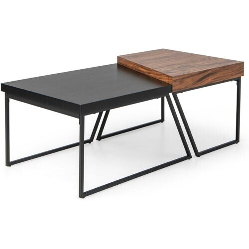 Tweedekans Set van 2 Salontafels – Stapelbaar – Metalen Poten – Trapeziumvormig – Zwart/Bruin Tweedehands
