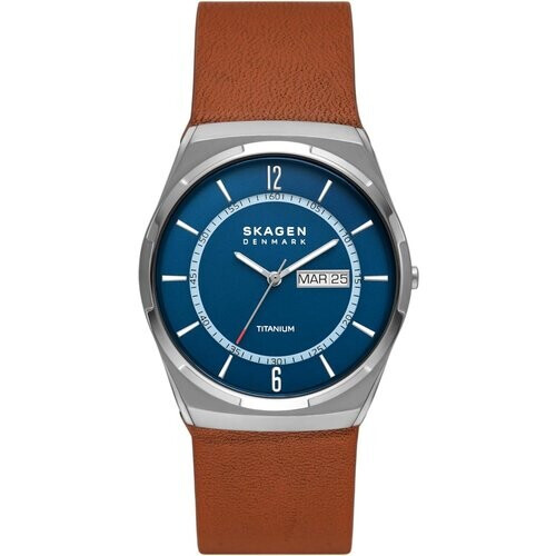 Tweedekans Skagen Melbye Titanium 40 mm - Grijze titanium kast - Blauwe wijzerplaat - Bruine leren band