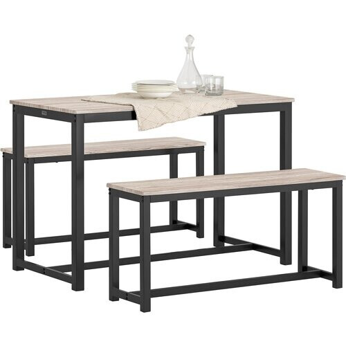 Tweedekans SoBuy 3-Delige Eettafelset OGT25-HN - 2 Banken 1 Eettafel - MDF met Metalen Poten - 110 x 74 x 58 cm - Natuur/Zwart Tweedehands