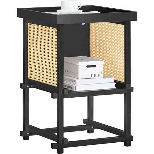 Tweedekans SoBuy bijzettafel HFBT03-SCH - 40×40×60 cm - zwart–geel - bamboe frame & open opbergvak Tweedehands