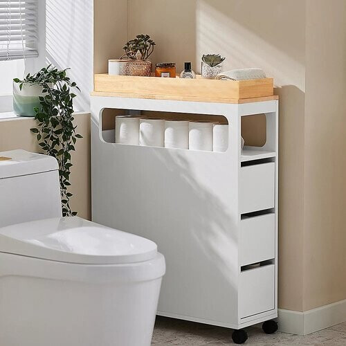 Tweedekans SoBuy – BZR54-II-W Slanke Vrijstaande Badkamerkast – 65 x 23 x 82 cm – Voorzien Van 3 Lades En 4 Wielen En Verplaatsbaar Tussenschot – Voor Badkamer En Gastentoilet – Wit MDF En Rubberhout Tweedehands