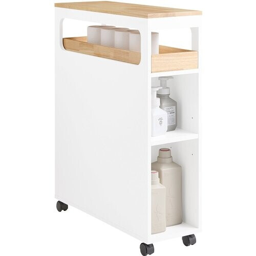 Tweedekans SoBuy BZR54-II-WN Smal Nisrek met 3 Laden, Afneembaar Dienblad en Wielen – 23 x 82 x 65 cm – Wit Tweedehands