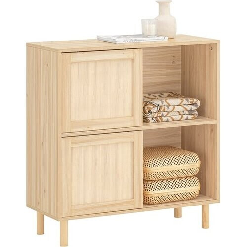 Tweedekans SoBuy Dressoir / Buffetkast met 2 Schuifdeuren en Wieltjes – Houten Opberger – 80×35×87 cm – Naturel Tweedehands