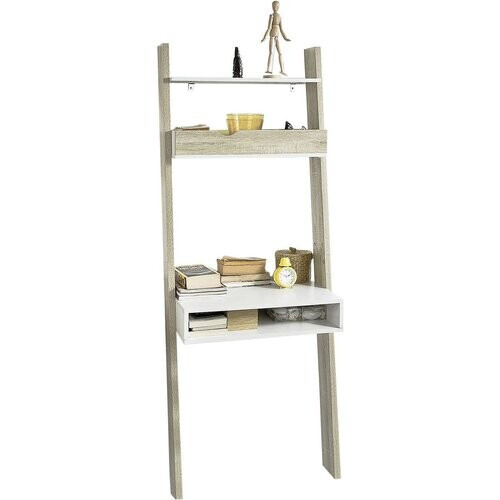 Tweedekans SoBuy FRG111-WN Boekenplank met Bureau - Wandmodel MDF/Spaanplaat - 40 x 65 x 176 cm - Wit/Naturel Tweedehands