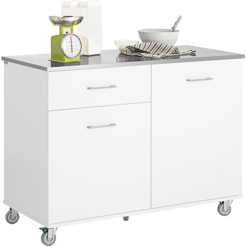 Tweedekans SoBuy Keukenkast op wielen - 2 Kasten en 1 Lade - 120 x 56 x 90 cm - RVS Blad - Wit