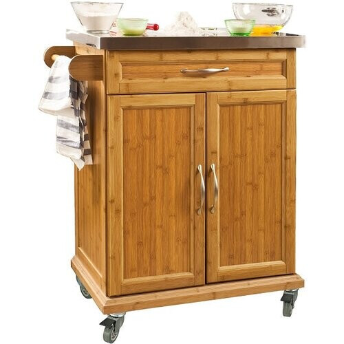 Tweedekans SoBuy Keukentrolley FKW13-N – Bamboe met Roestvrijstalen Top – 66x90x46 cm – Naturel