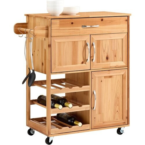 Tweedekans SoBuy Keukentrolley met Lades en Wijnrek, Keukenmeubel op Wieltjes met Werkblad, Compact Kookeiland, Natuurlijke kleur, 66×38×86 cm - FKW45-N
