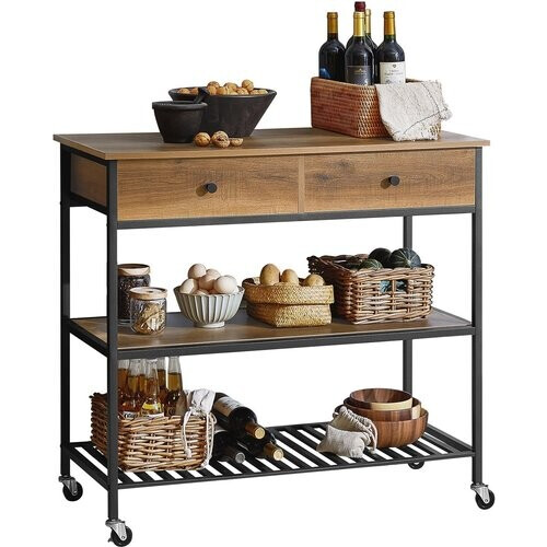 Tweedekans SoBuy Keukentrolley op wieltjes met 2 lades en 2 planken - 100x45x93 cm - Max. 60KG - Houtkleur donker Tweedehands