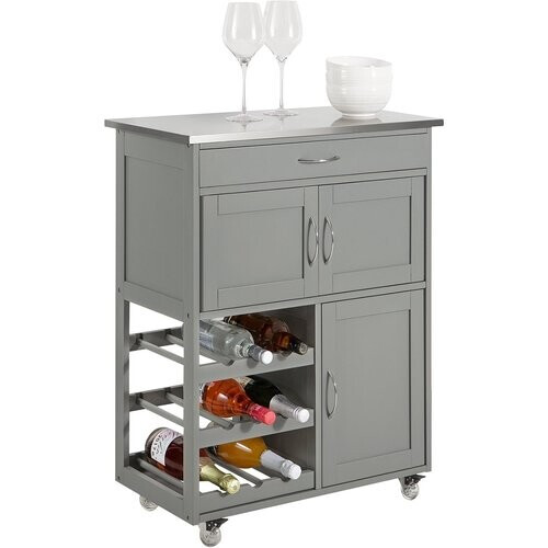Tweedekans SoBuy Keukenwagen met 1 lade, 3 deuren & 3 wijn opbergplanken - Max. 60KG - 67 x 87 x 38 cm - Grijs Tweedehands