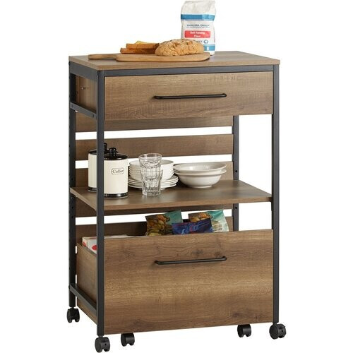 Tweedekans SoBuy Keukenwagen met 1 plank en 2 lades - Max. 63KG - 60 x 45 x 90 cm - Houtkleur Tweedehands