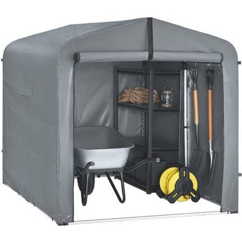 Tweedekans SoBuy KLS11-L-DG Tuinhuis, Waterdichte Buitenberging, Motorfietsoverkapping met Haken, Fiets- en Gereedschapsgarage, Fietsenstalling, Opslagruimte, Grijs, 159x219x165 cm Tweedehands
