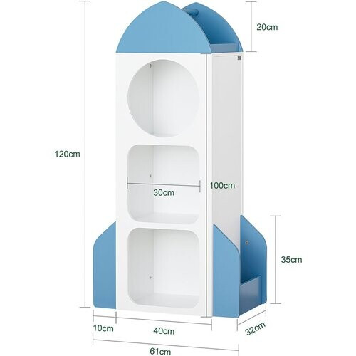 Tweedekans SoBuy KMB87-W Raketvormige Kinderboekenkast - 4 Vakken 2 Zijplanken - 61 x 32 x 120 cm - Wit Tweedehands