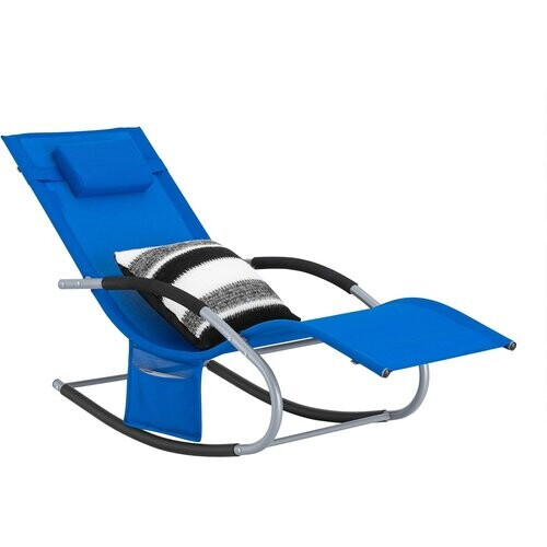 Tweedekans SoBuy Ligstoel OGS28-KB - Met Schommelpoten en Hoofdkussen - 150 x 63 x 83 cm - Blauw Tweedehands