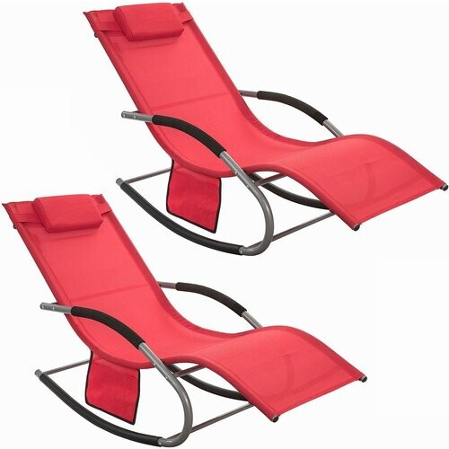 Tweedekans SoBuy OGS28-Rx2 Ligstoelen Set van 2 – Rood – 143x57x85 cm – Ergonomische Schommelstoelen met Hoofdsteun en Zijvak Tweedehands