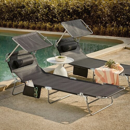 Tweedekans SoBuy OGS48-SCHx2 Set van 2 Ligstoelen - met Hoofdsteun - Opvouwbaar - 198 x 63 x 65 cm - Zwart Tweedehands