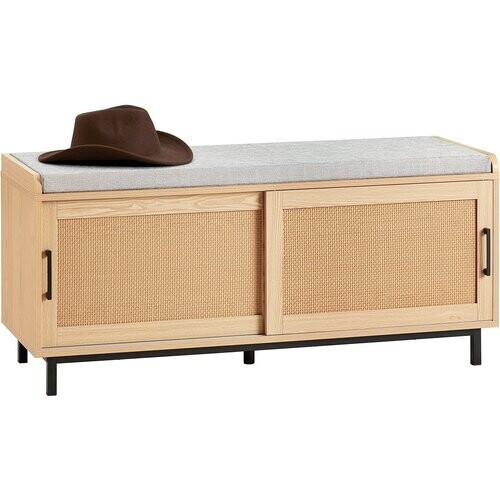 Tweedekans SoBuy Schoenenkast met gestoffeerd zitvlak - 2 Schuifdeuren - Max. 225 kg - 110 x 40 x 49 cm - Naturel/ Grijs