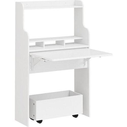 Tweedekans SoBuy Wandklaptafel FWT105-II-W - Multifunctionele Ruimtebesparende Klaptafel met Wielen - Inklapbaar Bureau met Lade en Planken - Wit Tweedehands