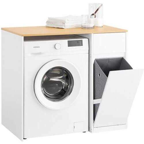 Tweedekans SoBuy Wasmachinekast - Badkamermeubel - Wasmand en Lade - hout - wit - 100 x 60 x 90 cm - BZR217-WN Tweedehands