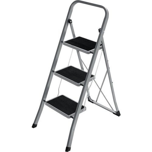 Tweedekans SONGMICS Trapladder, Ladder met 3 treden, Opvouwbare trede, Vouwslot, Gemakkelijk op te bergen, Draagvermogen tot 150 kg, Duifgrijs GSL003GY01 Tweedehands