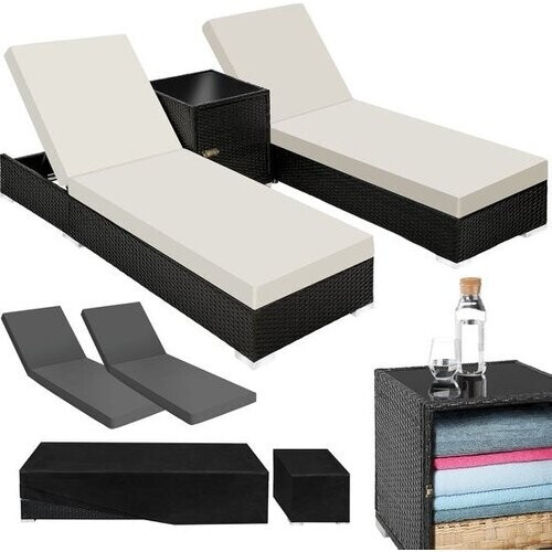 Tweedekans Tectake 2 luxe ligbedden met bijzettafel - Zwart - Inclusief beschermhoes - 401500 Tweedehands