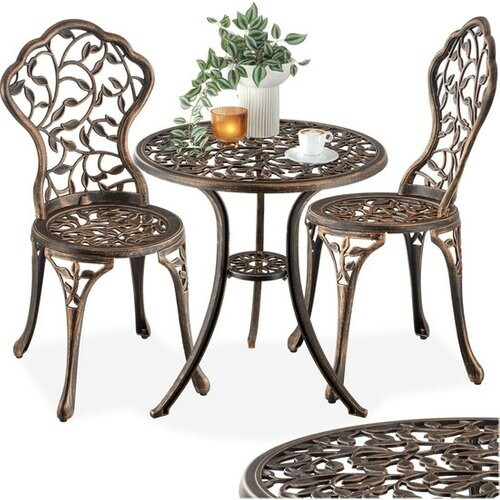 Tweedekans tectake® 2-Persoons Bistroset - Vintage Bistrotafel met 2 Bistrostoeltjes - Aluminium Bistro Set voor Tuin, Terras of Balkon - Weerbestendig - Bronskleurig