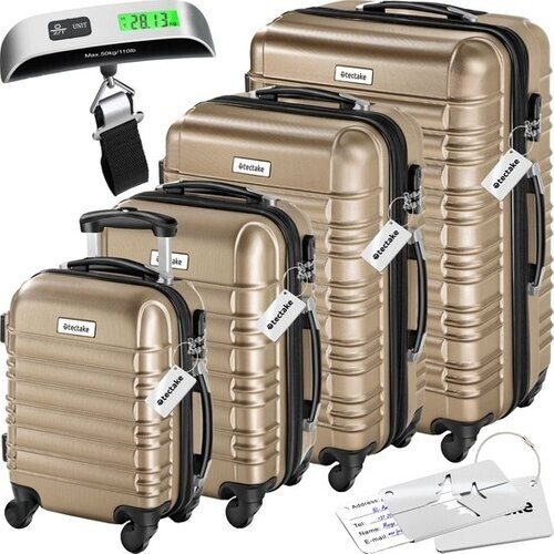 Tweedekans tectake® - 4-delige kofferset met harde schaal - Reiskofferset met wielen - ABS - Telescopisch handvat en slot - Inclusief bagageweger - Trolleymaten S-M-L-XL - Champagne Tweedehands