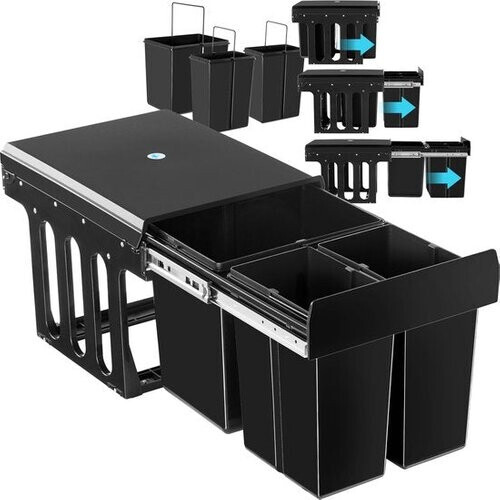 Tweedekans tectake® Afvalverzamelaar - Inbouw vuilnisbak - Meervoudige afvalscheiding - Efficiënte opruimoplossing voor keuken en kantoor - Driedubbele prullenbak met telescooprails - 2x 8L + 1x 15L Tweedehands