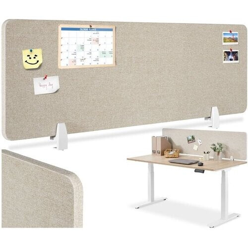 Tweedekans tectake® Bureauscherm scheidingswand Noisy - Met geluidsabsorberende PET-kern - Inclusief 2 bevestigingsklemmen - Afmeting (LxB) 130 x 40 cm - Beige Tweedehands
