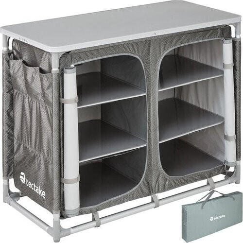 Tweedekans tectake® - Campingkast 97x47,5x78cm - Opvouwbaar - Afsluitbare compartimenten - Stevige werkbladen - Handige insteekzakken aan zijkant - grijs Tweedehands