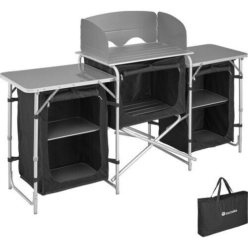 Tweedekans tectake® - Campingkeuken 172x52x104cm - Opvouwbaar - Afsluitbare compartimenten - Stevige werkbladen - Incl. windscherm- zwart Tweedehands