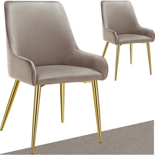Tweedekans tectake® Eetkamerstoel Avane - Fluweeloptiek - Ergonomische gestoffeerde stoel met gouden stalen poten - Draagkracht 120 kg - Moderne eetkamer- en keukenstoel - Set van 2 - Taupe Tweedehands