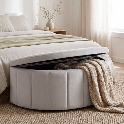 Tweedekans tectake® Gestoffeerde Bank Moon - Hocker met Opbergruimte - Groot Opbergvak - Halve Maan Vorm - Zitbankje - 108 x 48 x 38,5 cm - Draagkracht 150 kg - Fluweel Taupe