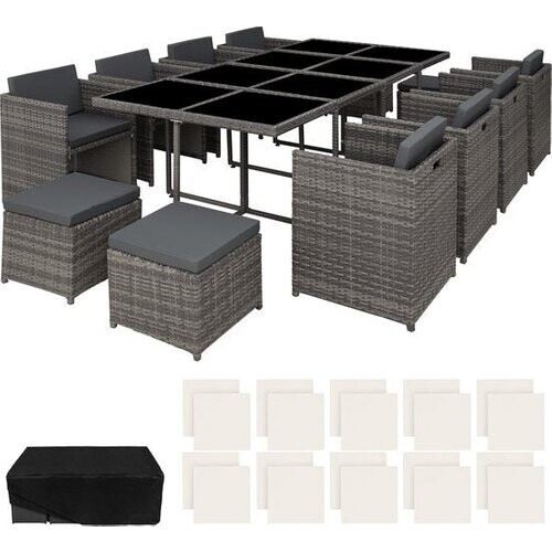 Tweedekans tectake® loungemeubelset - 8x stoelen, 4x krukken, 1x tafel - outdoor polyrotan tuinmeubels voor balkon, tuin en terras, met hoes en verwisselbare hoezen - grijs Tweedehands
