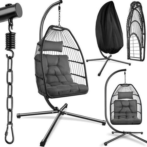 Tweedekans tectake® - Luxe hangstoel - opvouwbare en draaibare egg chair met standaard - dikke kussens - antislipvoeten - inclusief beschermhoes. Ideaal voor tuin, terras, slaapkamer - donkergrijs Tweedehands