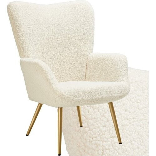 Tweedekans tectake® Oorfauteuil in Scandinavische stijl - Teddystoel Hygge - Stoel voor woonkamer, slaapkamer - Loungefauteuil - Goud metalen poten - Draagvermogen tot 150 kg - Crème Tweedehands