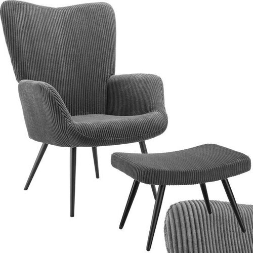 Tweedekans tectake® Oorfauteuil met Hocker – Scandinavische Teddy Bouclé Fauteuil – Lounge- en Woonkamerstoel – Zwart Metalen Poten – Draagvermogen 150kg – Corduroy - Grijs Tweedehands