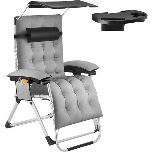 Tweedekans tectake® Opvouwbare Ligstoel Cloud met Zonnescherm - Tuinstoel met Tafeltje - Bekerhouder - Traploos Verstelbaar - Voor Balkon, Camping of Tuin - Relaxstoel met extra dik Kussen - Strandstoel - Ligbed - Div. kleuren - Grijs Tweedehands