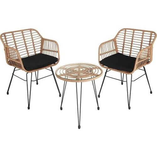 Tweedekans tectake® - outdoor wicker zitgroep, meubel voor 2 personen, 3-delig. Bistroset, balkonmeubel, tuinmeubelset met 2x stoelen + tafel, kleine lounge weerbestendig voor tuin, balkon of terras - natuurkleur - poly-rattan Tweedehands
