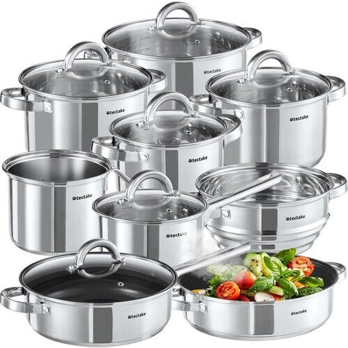 Tweedekans tectake® Pannenset - RVS - Geschikt voor inductie, gas en elektrisch koken - 15-delig - Vaatwasmachinebestendig - Voor thuis of camping - Pannen met deksels Tweedehands