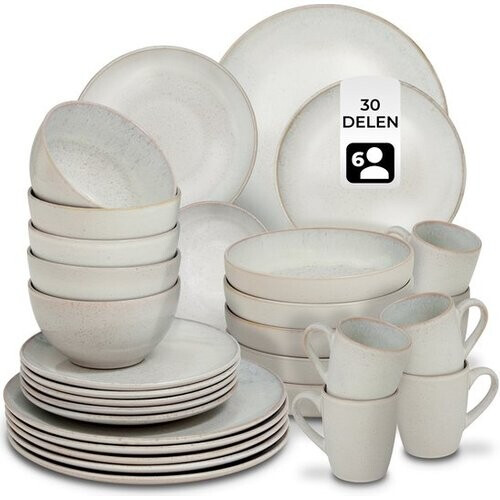 Tweedekans tectake® Serviesset Mare - 30-delig - Aardewerk met Glanzend Glazuur - 6 Persoons - Handgemaakt Servies - Moderne Bordenset met Grote en Kleine Borden, Kommen, Schaaltjes en Kopjes - Vaatwasser- en Magnetronbestendig - Zandkleur Tweedehands