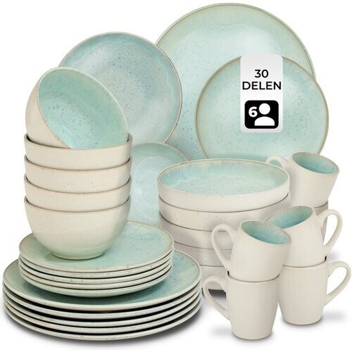 Tweedekans tectake® Serviesset Mare - 30-delig - Aardewerk met Glanzend Glazuur - 6 Persoons - Handgemaakt Servies - Moderne Bordenset met Grote en Kleine Borden, Kommen, Schaaltjes en Kopjes - Vaatwasser- en Magnetronbestendig - Munt Tweedehands
