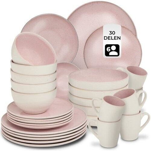 Tweedekans tectake® Serviesset Mare - 30-delig - Aardewerk met Glanzend Glazuur - 6 Persoons - Handgemaakt Servies - Moderne Bordenset met Grote en Kleine Borden, Kommen, Schaaltjes en Kopjes - Vaatwasser- en Magnetronbestendig - Roze Tweedehands