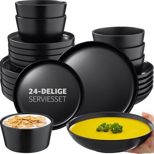 Tweedekans tectake® Serviesset Una - 24-delig - Aardewerk 6 personen - Stijlvol, duurzaam en ideaal voor dagelijks gebruik of feestelijke gelegenheden - Grote en kleine borden, kommen/schaaltjes - mat zwart Tweedehands